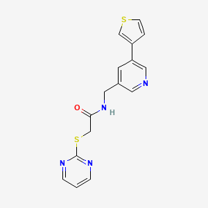 molecular formula C16H14N4OS2 B2502002 2-(pyrimidin-2-ylthio)-N-((5-(thiophen-3-yl)pyridin-3-yl)methyl)acetamide CAS No. 1787879-35-9