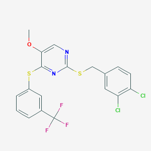 molecular formula C19H13Cl2F3N2OS2 B2502007 2-[(3,4-二氯苯甲基)硫代]-5-甲氧基-4-{[3-(三氟甲基)苯基]硫代}嘧啶 CAS No. 339276-00-5