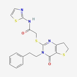 molecular formula C19H18N4O2S3 B2502074 2-((4-oxo-3-phenethyl-3,4,6,7-tetrahydrothieno[3,2-d]pyrimidin-2-yl)thio)-N-(thiazol-2-yl)acetamide CAS No. 877652-64-7