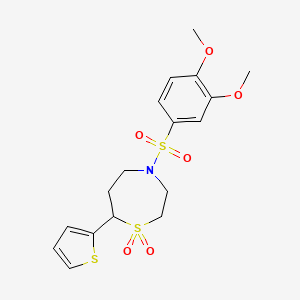 molecular formula C17H21NO6S3 B2502075 4-((3,4-二甲氧基苯基)磺酰基)-7-(噻吩-2-基)-1,4-噻氮杂环戊烷 1,1-二氧化物 CAS No. 2034334-24-0