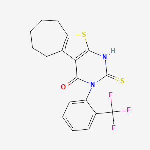 molecular formula C18H15F3N2OS2 B2502134 5-Sulfanyl-4-[2-(trifluoromethyl)phenyl]-8-thia-4,6-diazatricyclo[7.5.0.0,2,7]tetradeca-1(9),2(7),5-trien-3-one CAS No. 565195-77-9