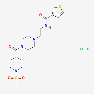 molecular formula C18H29ClN4O4S2 B2502160 N-(2-(4-(1-(methylsulfonyl)piperidine-4-carbonyl)piperazin-1-yl)ethyl)thiophene-3-carboxamide hydrochloride CAS No. 1351618-18-2