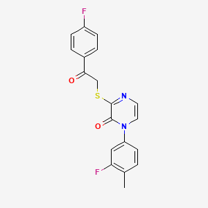 molecular formula C19H14F2N2O2S B2502183 1-(3-fluoro-4-methylphenyl)-3-((2-(4-fluorophenyl)-2-oxoethyl)thio)pyrazin-2(1H)-one CAS No. 923173-79-9