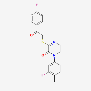 molecular formula C19H14F2N2O2S B2502183 1-(3-氟-4-甲基苯基)-3-((2-(4-氟苯基)-2-氧代乙基)硫)吡嗪-2(1H)-酮 CAS No. 923173-79-9