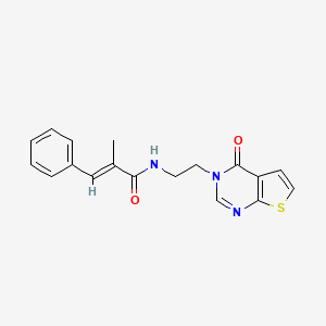 molecular formula C18H17N3O2S B2502291 (E)-2-methyl-N-(2-(4-oxothieno[2,3-d]pyrimidin-3(4H)-yl)ethyl)-3-phenylacrylamide CAS No. 2035005-19-5
