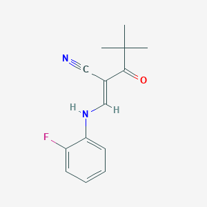 molecular formula C14H15FN2O B2502351 2-(2,2-Dimethylpropanoyl)-3-((2-fluorophenyl)amino)prop-2-enenitrile CAS No. 1025230-61-8