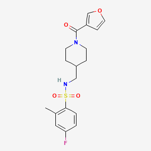 molecular formula C18H21FN2O4S B2502365 4-氟-N-((1-(呋喃-3-羰基)哌啶-4-基)甲基)-2-甲基苯磺酰胺 CAS No. 1396877-64-7