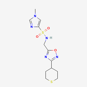 molecular formula C12H17N5O3S2 B2502391 1-methyl-N-((3-(tetrahydro-2H-thiopyran-4-yl)-1,2,4-oxadiazol-5-yl)methyl)-1H-imidazole-4-sulfonamide CAS No. 2034293-38-2