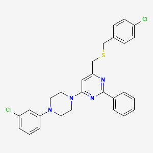 molecular formula C28H26Cl2N4S B2502514 4-氯苄基{6-[4-(3-氯苯基)哌嗪]-2-苯基-4-嘧啶基}甲基硫醚 CAS No. 338967-29-6