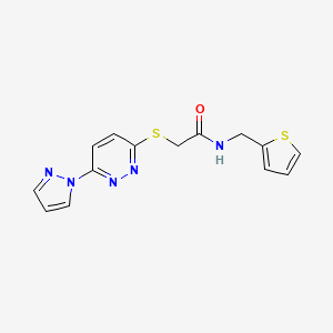 molecular formula C14H13N5OS2 B2502613 2-((6-(1H-pyrazol-1-yl)pyridazin-3-yl)thio)-N-(thiophen-2-ylmethyl)acetamide CAS No. 1351642-58-4