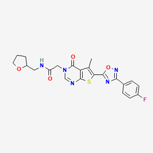 molecular formula C22H20FN5O4S B2502682 2-(6-(3-(4-fluorophenyl)-1,2,4-oxadiazol-5-yl)-5-methyl-4-oxothieno[2,3-d]pyrimidin-3(4H)-yl)-N-((tetrahydrofuran-2-yl)methyl)acetamide CAS No. 1242876-10-3