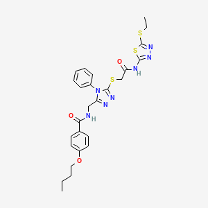 molecular formula C26H29N7O3S3 B2502690 4-butoxy-N-((5-((2-((5-(ethylthio)-1,3,4-thiadiazol-2-yl)amino)-2-oxoethyl)thio)-4-phenyl-4H-1,2,4-triazol-3-yl)methyl)benzamide CAS No. 393874-54-9