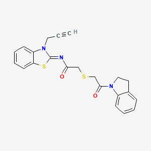 molecular formula C22H19N3O2S2 B2502721 (Z)-2-((2-(indolin-1-yl)-2-oxoethyl)thio)-N-(3-(prop-2-yn-1-yl)benzo[d]thiazol-2(3H)-ylidene)acetamide CAS No. 851717-42-5