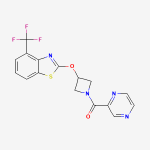 molecular formula C16H11F3N4O2S B2502727 吡嗪-2-基(3-((4-(三氟甲基)苯并[d]噻唑-2-基)氧基)氮杂环丁-1-基)甲酮 CAS No. 1428363-54-5