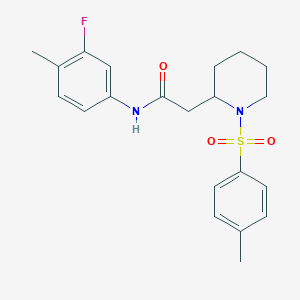 molecular formula C21H25FN2O3S B2502750 N-(3-fluoro-4-methylphenyl)-2-(1-tosylpiperidin-2-yl)acetamide CAS No. 941955-29-9