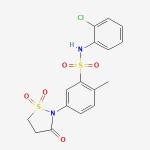 molecular formula C16H15ClN2O5S2 B2502753 N-(2-chlorophenyl)-5-(1,1-dioxido-3-oxoisothiazolidin-2-yl)-2-methylbenzenesulfonamide CAS No. 1011624-55-7