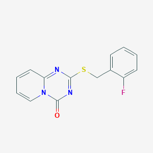 molecular formula C14H10FN3OS B2502756 2-[(2-Fluorophenyl)methylsulfanyl]pyrido[1,2-a][1,3,5]triazin-4-one CAS No. 896331-29-6