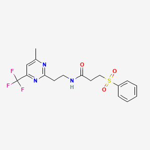 molecular formula C17H18F3N3O3S B2502788 N-(2-(4-甲基-6-(三氟甲基)嘧啶-2-基)乙基)-3-(苯磺酰基)丙酰胺 CAS No. 1421533-09-6