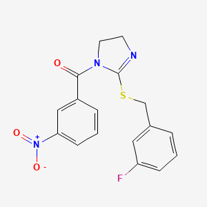 molecular formula C17H14FN3O3S B2502882 [2-[(3-Fluorophenyl)methylsulfanyl]-4,5-dihydroimidazol-1-yl]-(3-nitrophenyl)methanone CAS No. 851865-18-4