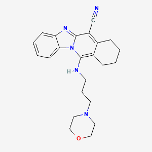 molecular formula C23H27N5O B2502894 9-{[3-(Morpholin-4-yl)propyl]amino}-10,17-diazatetracyclo[8.7.0.0^{3,8}.0^{11,16}]heptadeca-1(17),2,8,11(16),12,14-hexaene-2-carbonitrile CAS No. 459192-00-8