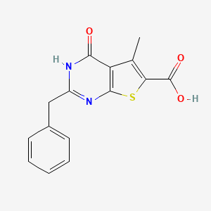 molecular formula C15H12N2O3S B2502915 2-benzyl-5-methyl-4-oxo-3H,4H-thieno[2,3-d]pyrimidine-6-carboxylic acid CAS No. 421562-28-9