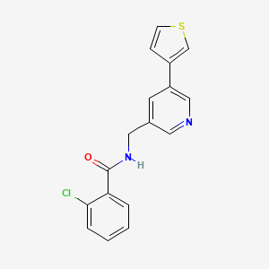molecular formula C17H13ClN2OS B2502951 2-chloro-N-((5-(thiophen-3-yl)pyridin-3-yl)methyl)benzamide CAS No. 1788679-48-0