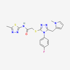 molecular formula C19H18FN7OS2 B2502964 2-[[4-(4-fluorophenyl)-5-[(1-methylpyrrol-2-yl)methyl]-1,2,4-triazol-3-yl]sulfanyl]-N-(5-methyl-1,3,4-thiadiazol-2-yl)acetamide CAS No. 847394-20-1