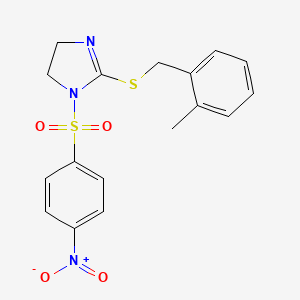 molecular formula C17H17N3O4S2 B2502993 2-[(2-Methylphenyl)methylsulfanyl]-1-(4-nitrophenyl)sulfonyl-4,5-dihydroimidazole CAS No. 868217-24-7