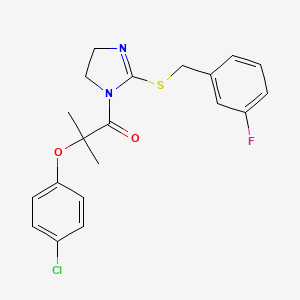 molecular formula C20H20ClFN2O2S B2503112 2-(4-Chlorophenoxy)-1-[2-[(3-fluorophenyl)methylsulfanyl]-4,5-dihydroimidazol-1-yl]-2-methylpropan-1-one CAS No. 862826-78-6
