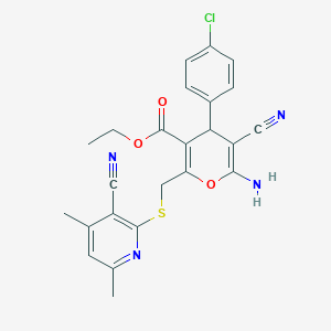 molecular formula C24H21ClN4O3S B2503180 ethyl 6-amino-4-(4-chlorophenyl)-5-cyano-2-{[(3-cyano-4,6-dimethylpyridin-2-yl)sulfanyl]methyl}-4H-pyran-3-carboxylate CAS No. 339163-84-7