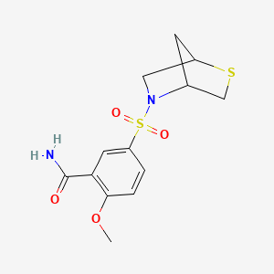 molecular formula C13H16N2O4S2 B2503211 5-(2-Thia-5-azabicyclo[2.2.1]heptan-5-ylsulfonyl)-2-methoxybenzamide CAS No. 2034209-27-1