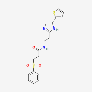 molecular formula C18H19N3O3S2 B2503225 3-(苯磺酰基)-N-(2-(4-(噻吩-2-基)-1H-咪唑-2-基)乙基)丙酰胺 CAS No. 1396676-25-7
