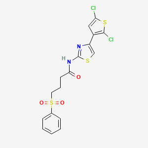 molecular formula C17H14Cl2N2O3S3 B2503252 N-(4-(2,5-dichlorothiophen-3-yl)thiazol-2-yl)-4-(phenylsulfonyl)butanamide CAS No. 942003-43-2