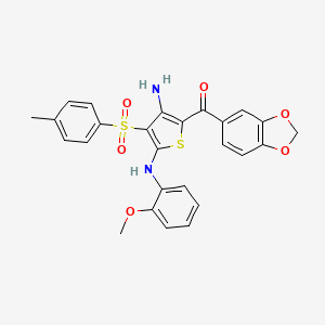 molecular formula C26H22N2O6S2 B2503267 (3-氨基-5-((2-甲氧基苯基)氨基)-4-甲苯磺酰基噻吩-2-基)(苯并[d][1,3]二氧杂环-5-基)甲苯酮 CAS No. 1115520-09-6