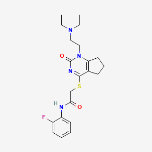 molecular formula C21H27FN4O2S B2503437 2-((1-(2-(二乙氨基)乙基)-2-氧代-2,5,6,7-四氢-1H-环戊[d]嘧啶-4-基)硫代)-N-(2-氟苯基)乙酰胺 CAS No. 898451-79-1