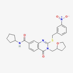 molecular formula C26H28N4O5S B2503447 N-cyclopentyl-2-((3-nitrobenzyl)thio)-4-oxo-3-((tetrahydrofuran-2-yl)methyl)-3,4-dihydroquinazoline-7-carboxamide CAS No. 1111418-05-3
