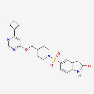molecular formula C22H26N4O4S B2503460 5-[4-[(6-Cyclobutylpyrimidin-4-yl)oxymethyl]piperidin-1-yl]sulfonyl-1,3-dihydroindol-2-one CAS No. 2380009-76-5
