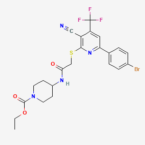 molecular formula C23H22BrF3N4O3S B2503494 ethyl 4-[(2-{[6-(4-bromophenyl)-3-cyano-4-(trifluoromethyl)-2-pyridinyl]sulfanyl}acetyl)amino]tetrahydro-1(2H)-pyridinecarboxylate CAS No. 625377-92-6