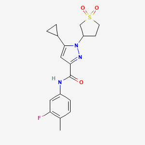 molecular formula C18H20FN3O3S B2503495 5-cyclopropyl-1-(1,1-dioxidotetrahydrothiophen-3-yl)-N-(3-fluoro-4-methylphenyl)-1H-pyrazole-3-carboxamide CAS No. 1172549-28-8