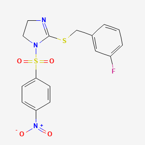 molecular formula C16H14FN3O4S2 B2503519 2-[(3-Fluorophenyl)methylsulfanyl]-1-(4-nitrophenyl)sulfonyl-4,5-dihydroimidazole CAS No. 868216-77-7