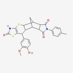 molecular formula C27H24N2O5S2 B2503578 (4aR,5R,5aR,8aR,9S)-10-(4-hydroxy-3-methoxyphenyl)-7-(p-tolyl)-5,5a,8a,9,9a,10-hexahydro-5,9-methanothiazolo[5',4':5,6]thiopyrano[2,3-f]isoindole-2,6,8(3H,4aH,7H)-trione CAS No. 1212155-85-5