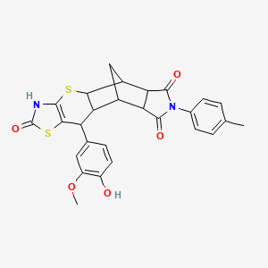 molecular formula C27H24N2O5S2 B2503578 9-(4-hydroxy-3-methoxyphenyl)-14-(4-methylphenyl)-3,7-dithia-5,14-diazapentacyclo[9.5.1.02,10.04,8.012,16]heptadec-4(8)-ene-6,13,15-trione CAS No. 1212155-85-5