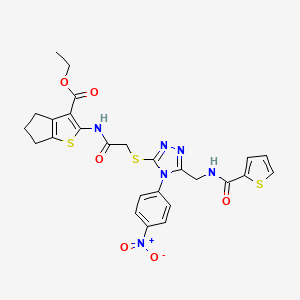 molecular formula C26H24N6O6S3 B2503588 ethyl 2-[[2-[[4-(4-nitrophenyl)-5-[(thiophene-2-carbonylamino)methyl]-1,2,4-triazol-3-yl]sulfanyl]acetyl]amino]-5,6-dihydro-4H-cyclopenta[b]thiophene-3-carboxylate CAS No. 393805-65-7
