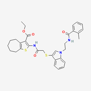 ethyl 2-(2-((1-(2-(2-methylbenzamido)ethyl)-1H-indol-3-yl)thio)acetamido)-5,6,7,8-tetrahydro-4H-cyclohepta[b]thiophene-3-carboxylate