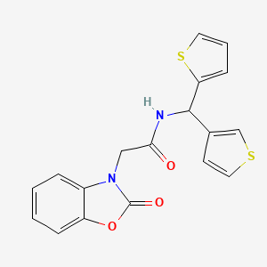 molecular formula C18H14N2O3S2 B2503601 2-(2-oxobenzo[d]oxazol-3(2H)-yl)-N-(thiophen-2-yl(thiophen-3-yl)methyl)acetamide CAS No. 2034514-45-7