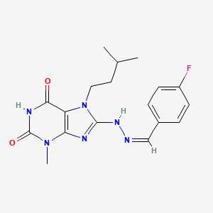 molecular formula C18H21FN6O2 B2503699 (Z)-8-(2-(4-fluorobenzylidene)hydrazinyl)-7-isopentyl-3-methyl-1H-purine-2,6(3H,7H)-dione CAS No. 398997-66-5