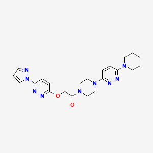 molecular formula C22H27N9O2 B2503730 2-((6-(1H-pyrazol-1-yl)pyridazin-3-yl)oxy)-1-(4-(6-(piperidin-1-yl)pyridazin-3-yl)piperazin-1-yl)ethanone CAS No. 1428371-40-7