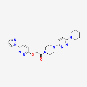 molecular formula C22H27N9O2 B2503730 2-((6-(1H-吡唑-1-基)哒嗪-3-基)氧基)-1-(4-(6-(哌啶-1-基)哒嗪-3-基)哌嗪-1-基)乙酮 CAS No. 1428371-40-7