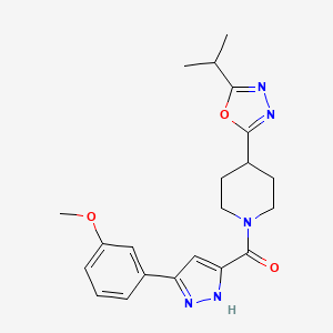 molecular formula C21H25N5O3 B2503756 (4-(5-isopropyl-1,3,4-oxadiazol-2-yl)piperidin-1-yl)(3-(3-methoxyphenyl)-1H-pyrazol-5-yl)methanone CAS No. 1319203-69-4