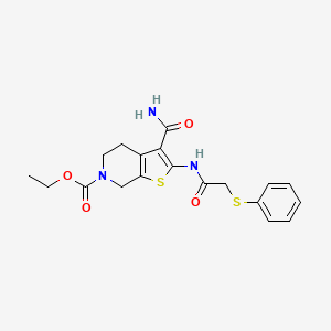 molecular formula C19H21N3O4S2 B2503770 3-氨基甲酰基-2-(2-(苯硫基)乙酰氨基)-4,5-二氢噻吩并[2,3-c]吡啶-6(7H)-羧酸乙酯 CAS No. 895486-22-3